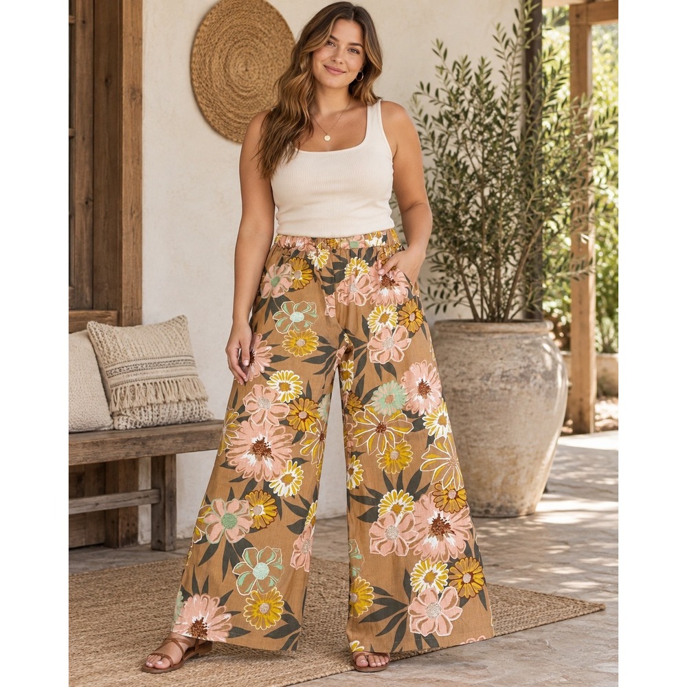 Roxy Wide Leg Floral Pants Brown Orange Boho Elastic Waist Large